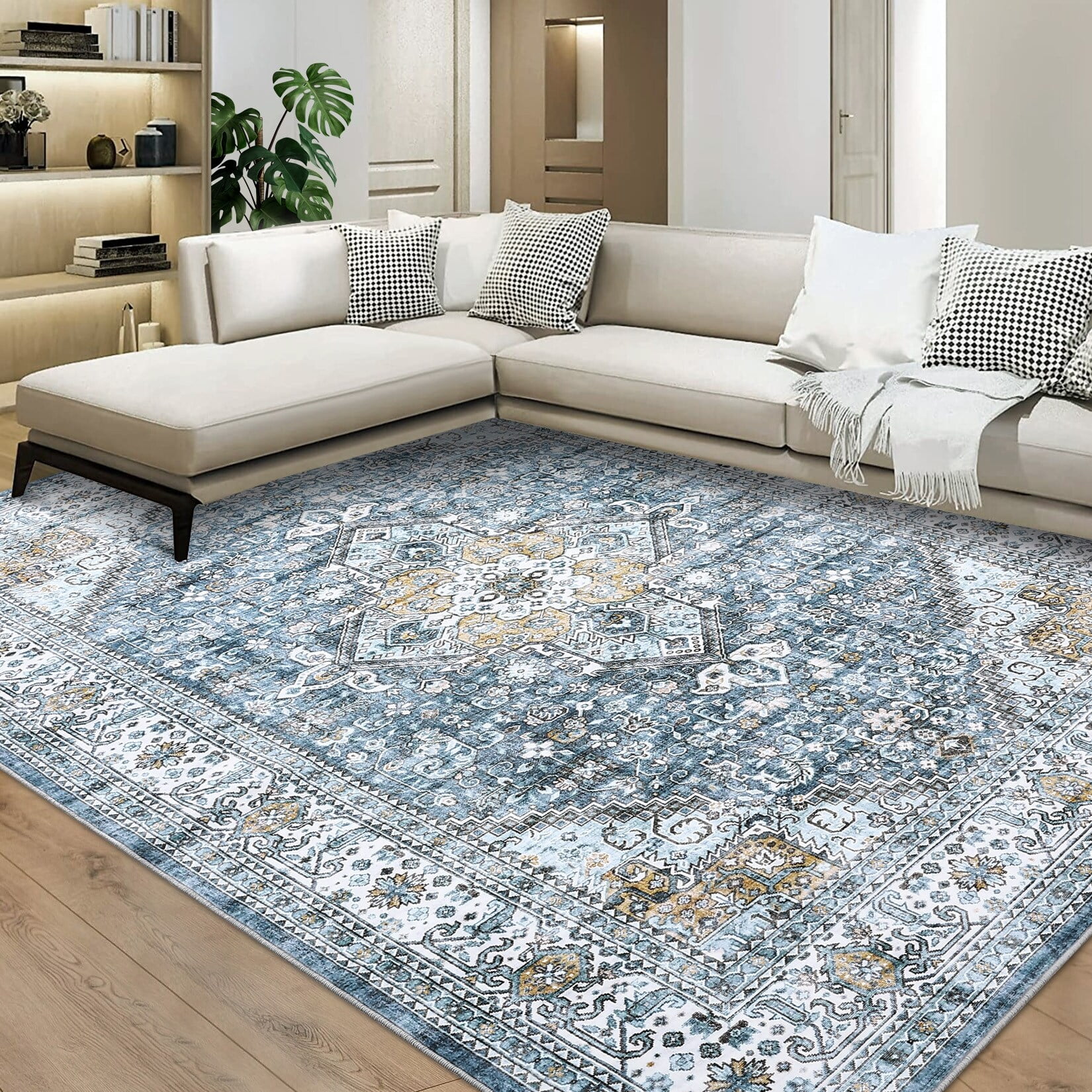 Blue Medallion 8' x 10' Washable Synthetic Area Rug
