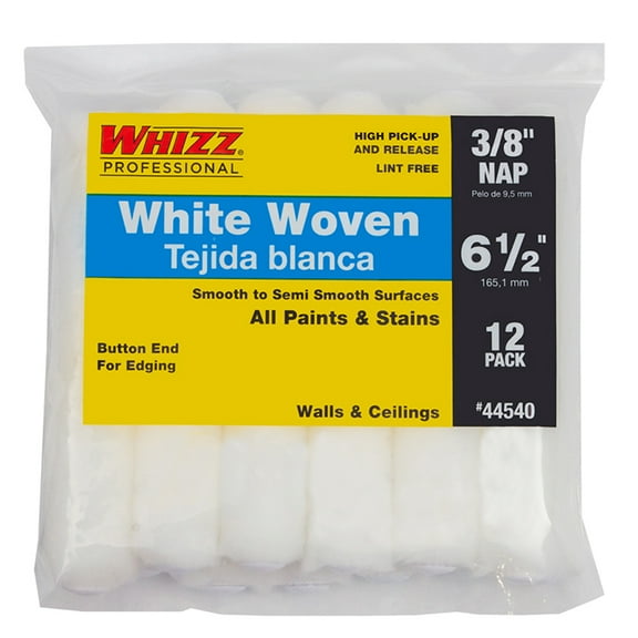 Whizz 44540 Roller Cover, 3/8 in Thick Nap, 6-1/2 in L, Woven Fabric Cover, White