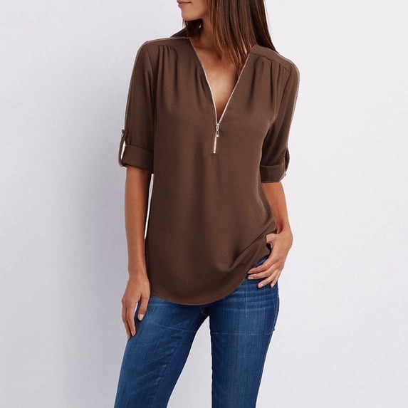 Whlbf Women Shirt Ladies Zipper Button Long Sleeves Loose Chiffon Clothing
