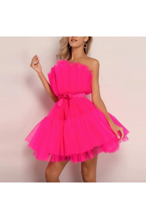 Hot Pink Dress for Women Plus Size,Women Tulle Dress Sleeveless Short Dress Solid Mesh Princess Steapless Party Dress