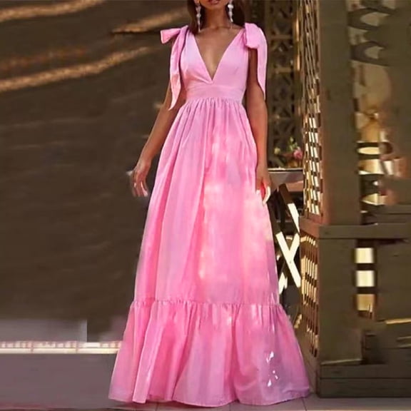 Whlbf Hot Pink Dress for Women Plus Size,Fashion Women Sleeveless V Neck Summer Comfy Solid Color Casual Loose Tank Dresses