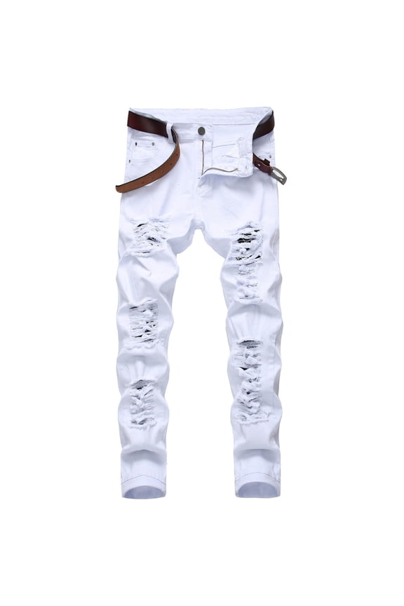 Jeans for Men Cotton Straight Ripped Hole Jeans Full Length Pants