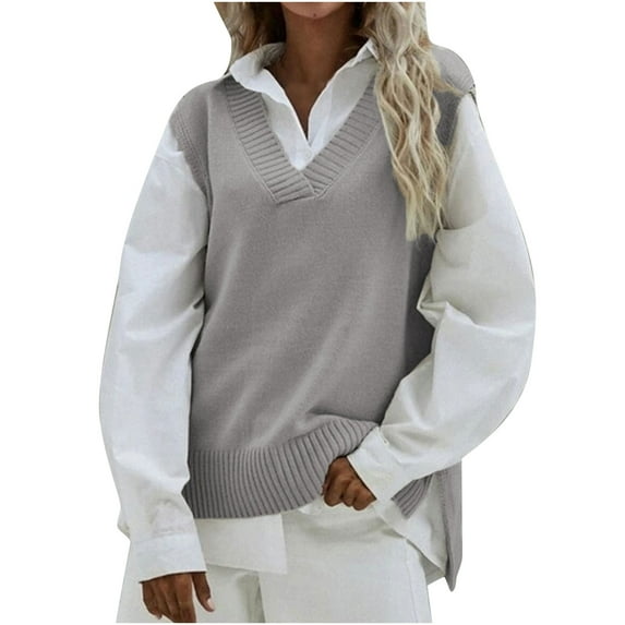 Whlbf Ladies Vest Sweater Hooded Casual Jacket Slim V-Neck Knit Sleeveless Tops