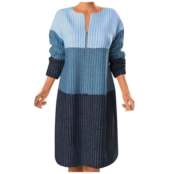 Whlbf Maxi Dresses for Women Long Sleeve,Winter New Sweater Womens Zipper Contrast Panel Zipper Long Dress