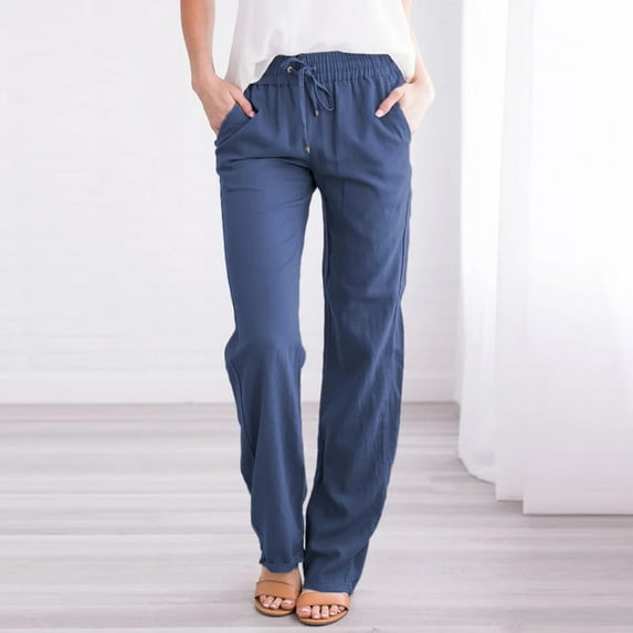 Whlbf Pants for Women Clearance Under $10 Plus Size Casual Cotton And Linen Solid Drawstring Elastic Waist Long Straight Trousers