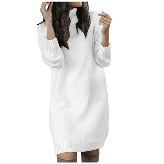 Whlbf Sweater Dresses for Women Casual Solid Knitting Slimming High Collar Long Sleeve Round-neck Sweaters Dress