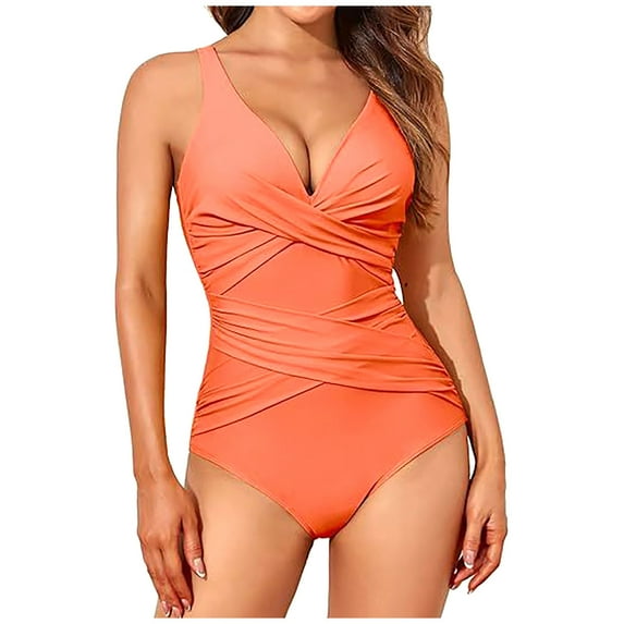 Whlbf Swimsuits for Women One Piece Slimming Ruched Push Up Bathing Suit Vintage Padded Retro V Neck Swimwear Orange S