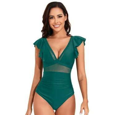 Whlbf Swimsuits for Women One-piece V Neck Mesh Swimsuit Bikini Bathing Suit Green S