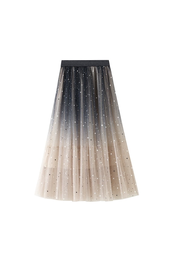 Womens Dresses Maxi,Womens Half Gradual Color Changing Fashion Mid Length Colored Star Sequin Elastic Waist Mesh Sky Skirt