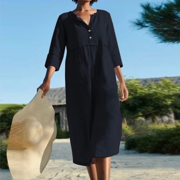 Whlbf Womens Dresses Clearance Maxi,Womens Solid Color Loose Casual Fashion Pocket Three Quarter Dress