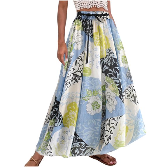 Whlbf Womens Skirts Midi Length Plus Size,Women Printing Bandage Casual Ruched Ruffles Elastic Waist Skirts