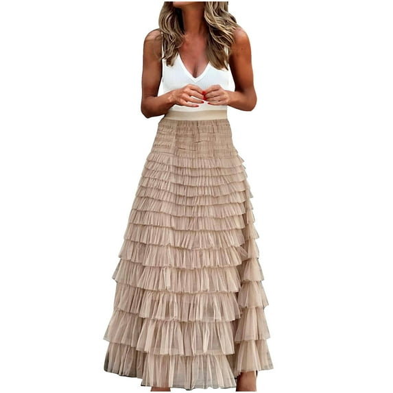 Whlbf Womens Skirts Midi Length Plus Size,Womens Colored Wooden Ear Patchwork Pleated Half Body High Waist Mesh Pleated Cake Skirt Ball Skirt Half Body Skirt