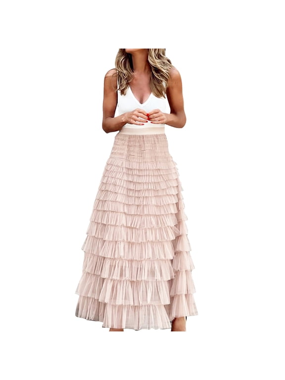 Womens Skirts Midi Length Plus Size,Womens Colored Wooden Ear Patchwork Pleated Half Body High Waist Mesh Pleated Cake Skirt Ball Skirt Half Body Skirt