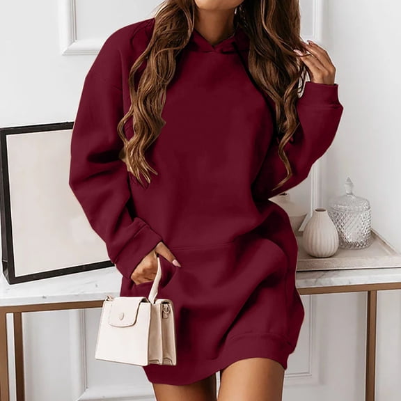 Whlbf Womens Sweatshirt Dresses Plus Size Long Sleeve Casual Pocket Pullover Hoodie Waist Solid Dress
