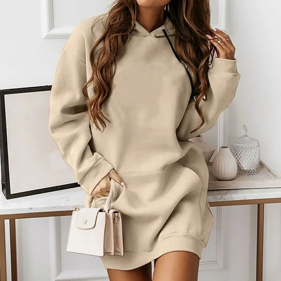 Whlbf Womens Sweatshirt Dresses Plus Size Long Sleeve Casual Pocket Pullover Hoodie Waist Solid Dress