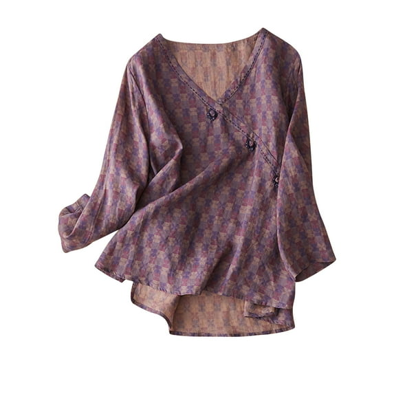 Whlbf Womens Tops Clearance Long Sleeves Ramie V-Neck Floral Retro Literary Shirt Loose Long-Sleeved Everything Top V-Neck Shirt