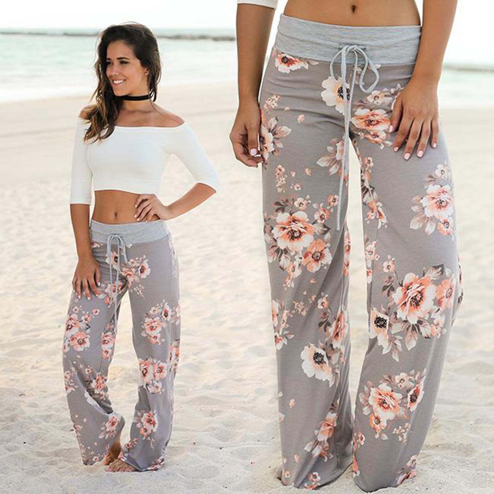Whlbf Womens Yoga Pants Plus Size Clearance Casual Floral Wide Leg