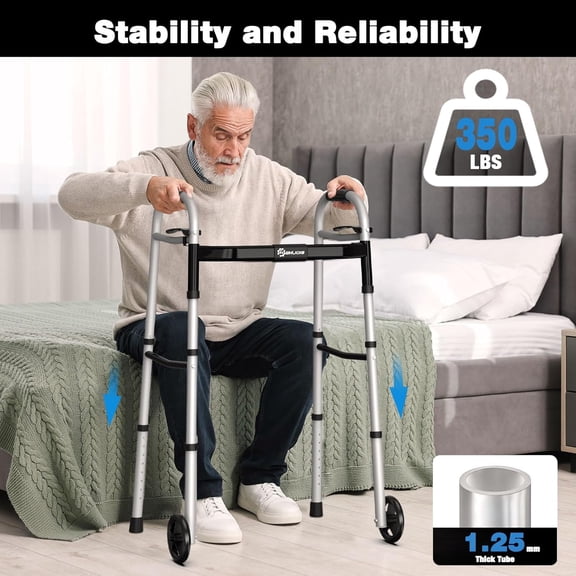 Whlicks Folding Walker for Seniors - Lightweight Aluminum Rollator with Wheels, Adjustable Height & Width, Supports 350 lbs