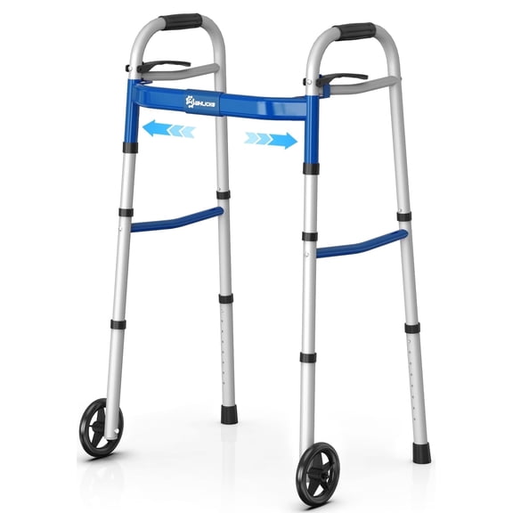 Whlicks Narrow Folding Walker for Seniors, Adjustable Width & Height, Lightweight Aluminum Walker with Wheels, Supports 350 lbs