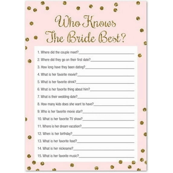 Who Knows Bride Best Bridal Shower Game -Faux Gold Glitter on Pink - 24 Cards