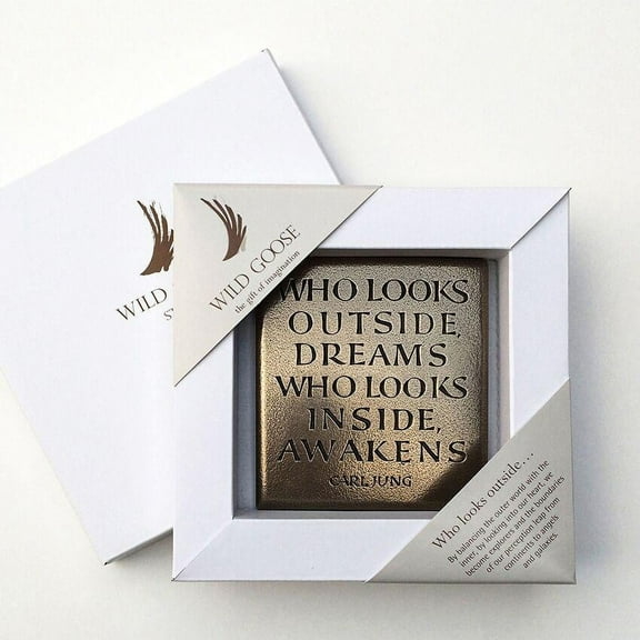 Who Looks Outside Dreams, Who Looks Inside Awakens Carl Jung Quote Bronze Plaque Wall Decorative 5"x 5" Made in Ireland
