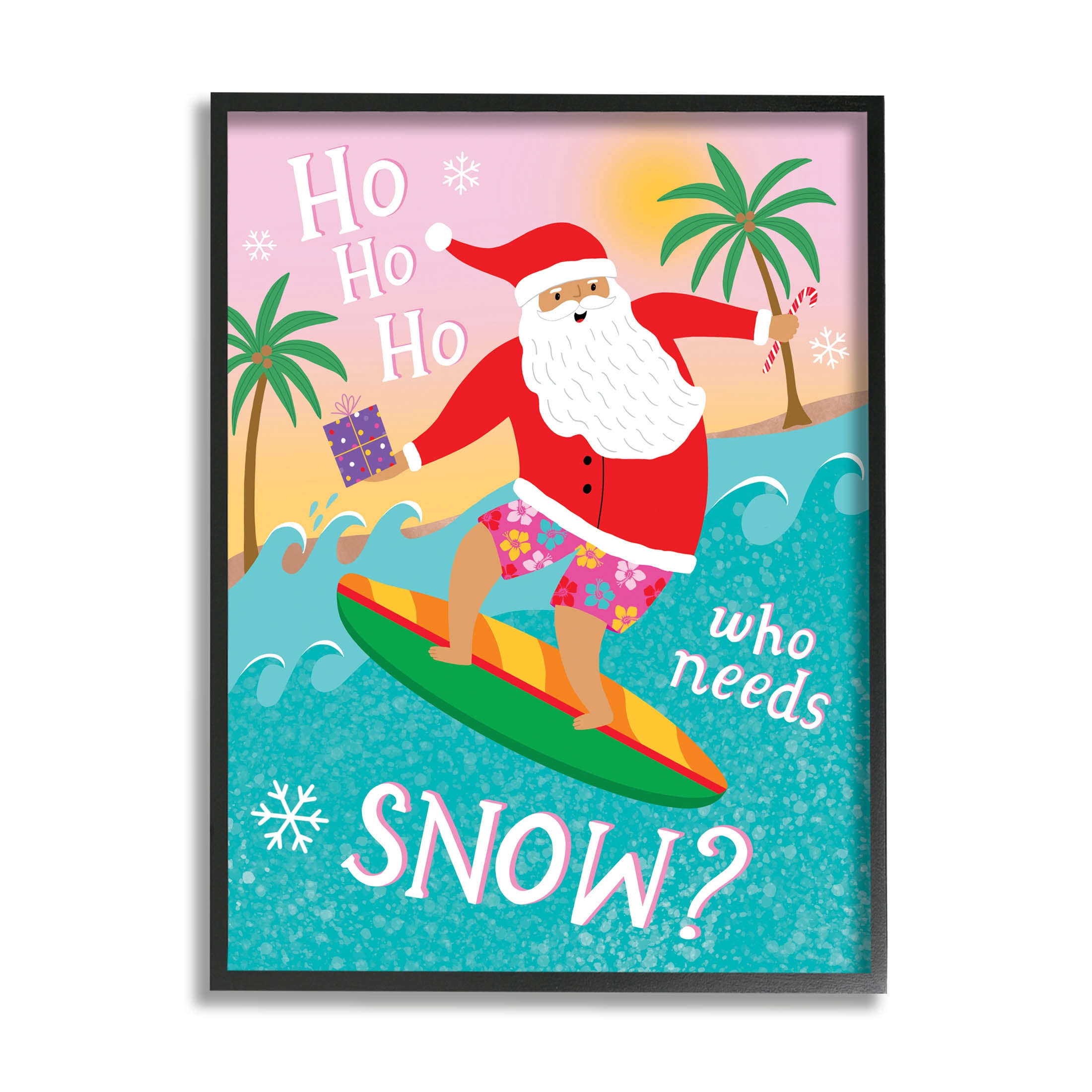 Who Needs Snow Surfing Santa Holiday Graphic Art Black Framed Art Print Wall Art