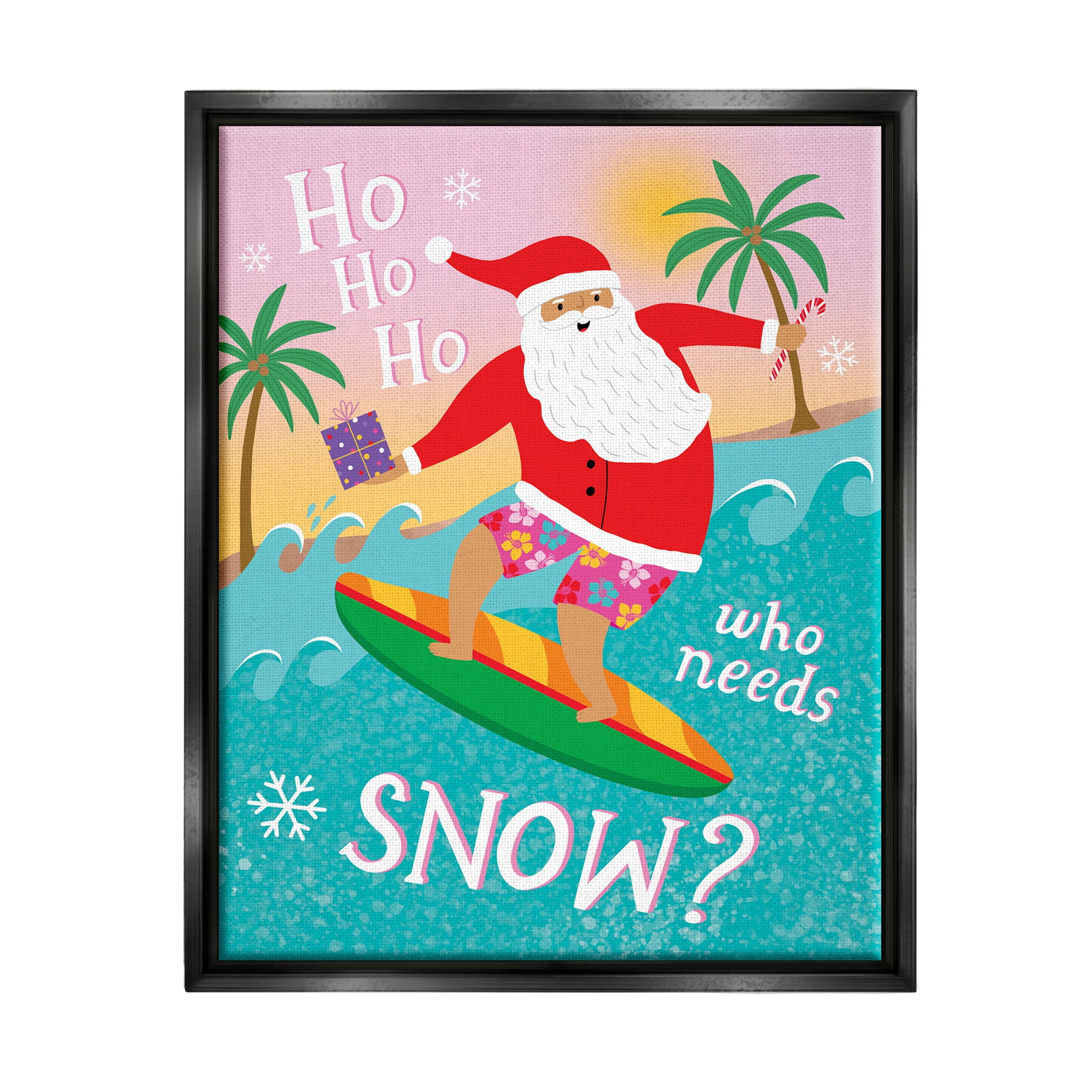 Who Needs Snow Surfing Santa Holiday Graphic Art Jet Black Framed Art Print Wall Art