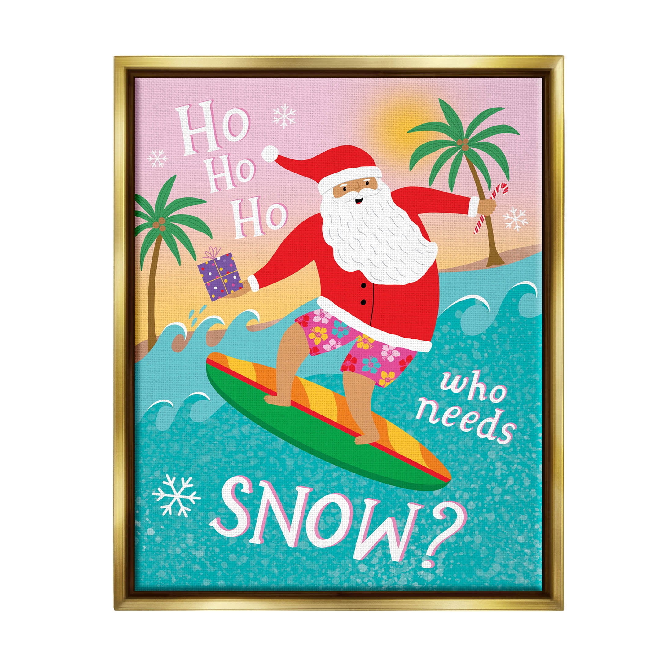 Who Needs Snow Surfing Santa Holiday Graphic Art Metallic Gold Framed Art Print Wall Art