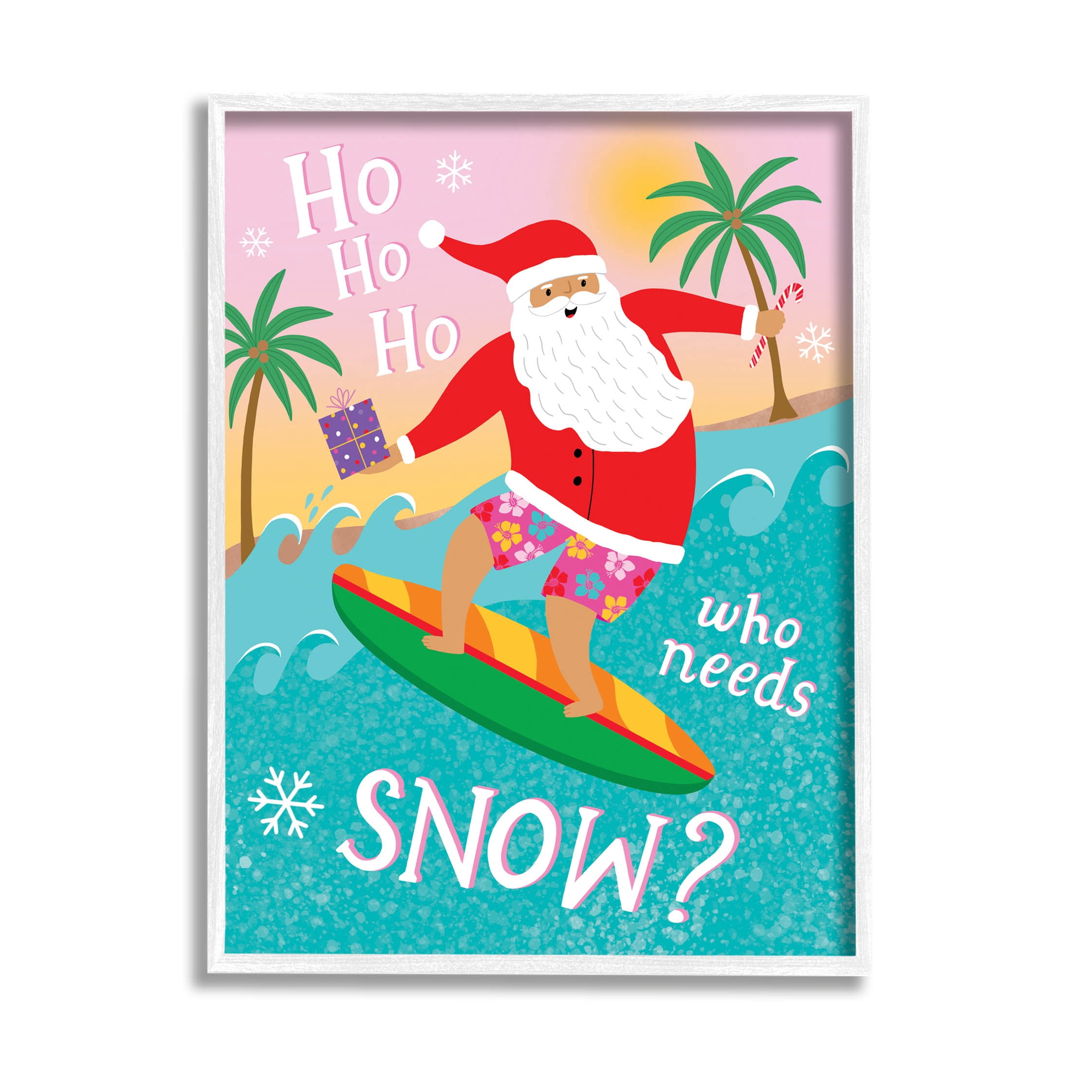 Who Needs Snow Surfing Santa Holiday Graphic Art White Framed Art Print Wall Art
