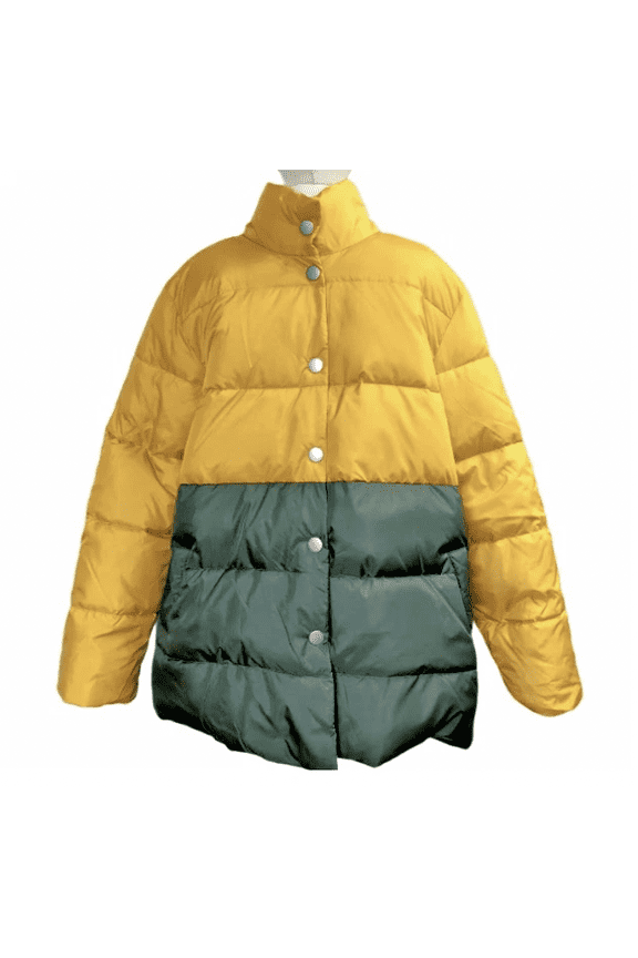 Womens L Yellow Green Long Sleeve Puffer Jacket with Snaps Large