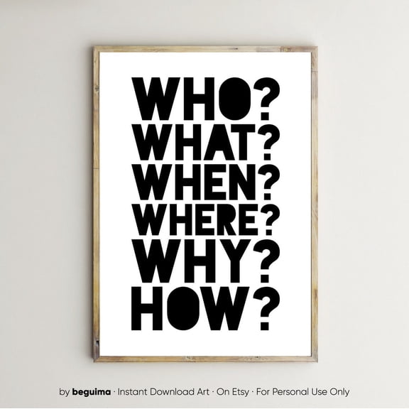 Who What When Where Why How Five Ws Questions Query Educational Prints Classroom Decor Wall Art Journalist Journalism