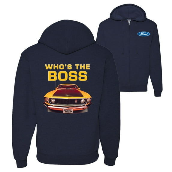 Who's The Boss Yellow 1969 Mustang 302 Front Back Cars and Trucks Graphic Zip Up Hoodie Sweatshirt, Navy, Large