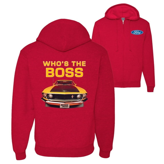 Who's The Boss Yellow 1969 Mustang 302 Front Back Cars and Trucks Graphic Zip Up Hoodie Sweatshirt, Red, Medium