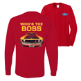 thumbnail image 1 of Who's the Boss Yellow 1969 Mustang 302 F&B Front & Back Cars and Trucks Mens Long Sleeve Shirt, 1 of 1