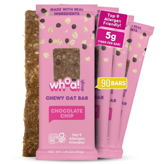 Whoa! Dough Top 9 Allergen Free Chewy Oat Bars - Chocolate Chip | (90) 1.41 oz Individually Wrapped Bars | 5g Fiber, Non-GMO, Allergen Friendly, Gluten-Free & Plant-Based Granola Oat Bars