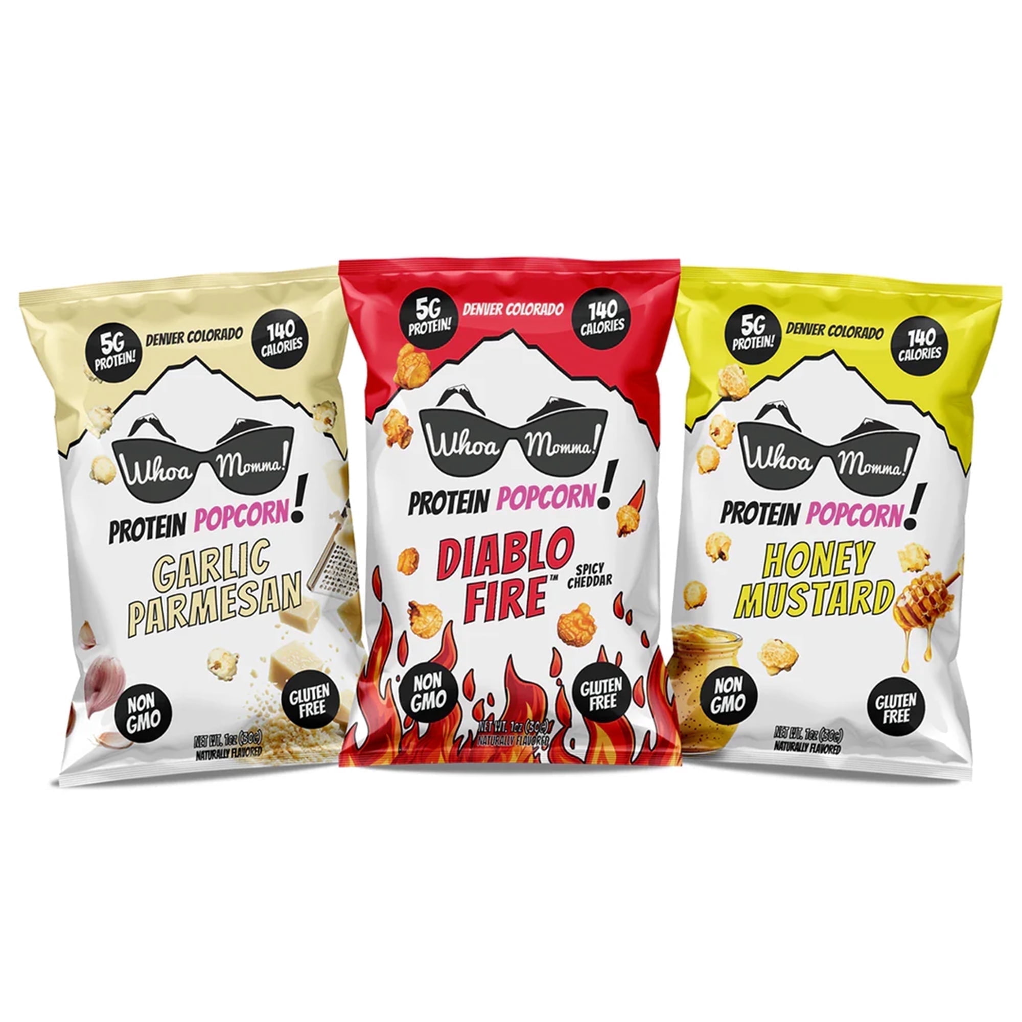 Whoa Momma! Protein Popcorn Variety Pack, High Protein, Gluten Free Popcorn, 12-pack of 1oz Bags (4 of Each Flavor)