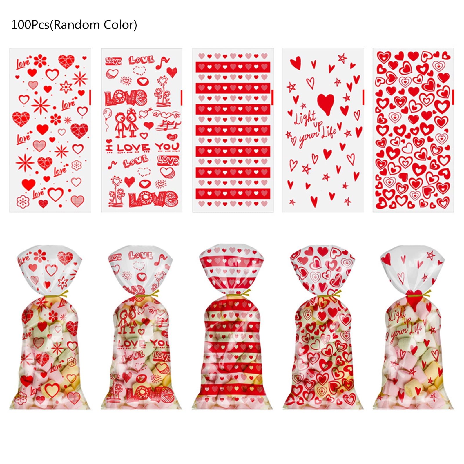 Whoamigo 100 pcs Treat Bags with Twist Tie for Holiday GoodyValentine's Day Heart Pattern