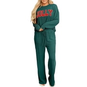 Whoinshop Women Christmas Pajamas Set Loungewear Ribbed Long Sleeve Top and Pants with Pockets Lounge Pj Set Sleepwear
