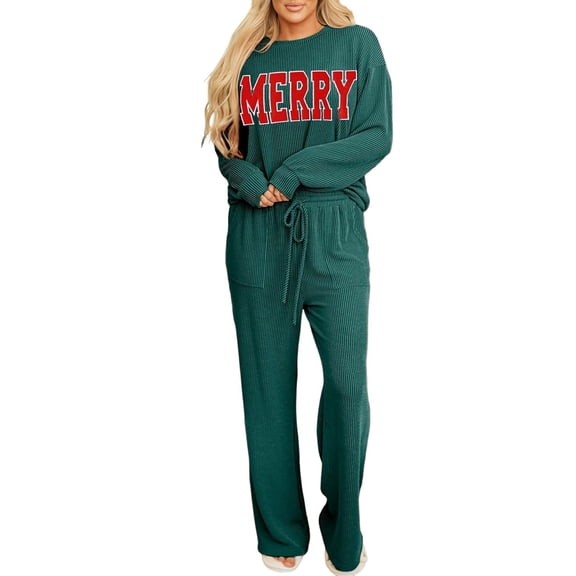 Whoinshop Women Christmas Pajamas Set Loungewear Ribbed Long Sleeve Top and Pants with Pockets Lounge Pj Set Sleepwear