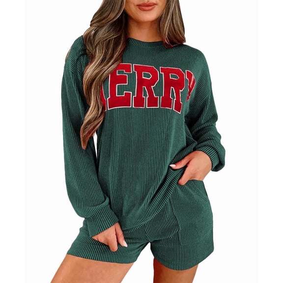Whoinshop Womens Christmas Pajama Sets Long Sleeve Ribbed Top and Shorts Matching Lounge Set Pj Set Sleepwear Loungewear
