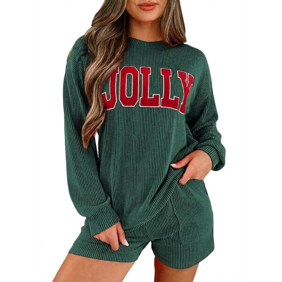 Whoinshop Womens Christmas Pajama Sets Long Sleeve Ribbed Top and Shorts Matching Lounge Set Pj Set Sleepwear Loungewear