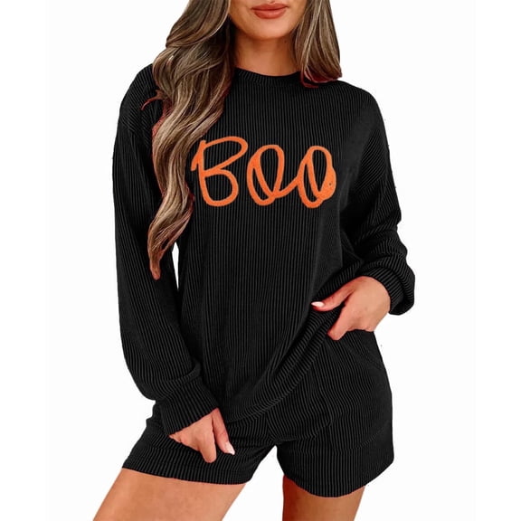 Whoinshop Womens Halloween Pajama Sets Long Sleeve Ribbed Top and Shorts Boo Matching Lounge Set Pj Set Sleepwear Loungewear