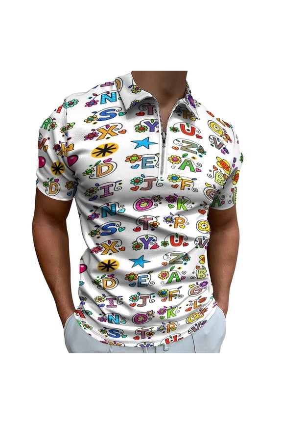 Whole Alphabet Abc Monogram Hand Drawn Colorful Men Zipper T-shirt Summer Casual Short Sleeve T-shirt Top