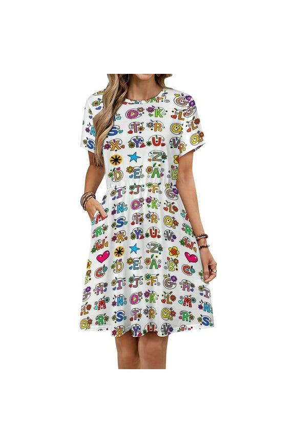 Whole Alphabet Abc Monogram Hand Drawn Colorful Sundress Short Sleeve Dress Summer Women Clothes Dress for Women Dresses