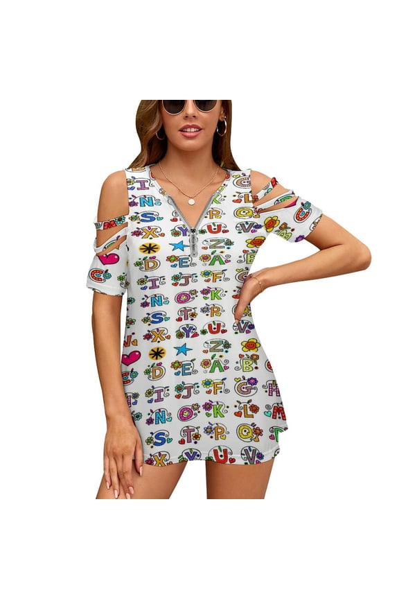 Whole Alphabet Abc Monogram Hand Drawn Colorful Womens Summer V Neck Zipper Top Short Sleeve T Shirt Off Shoulder Top Casual Classy Loose Shirts
