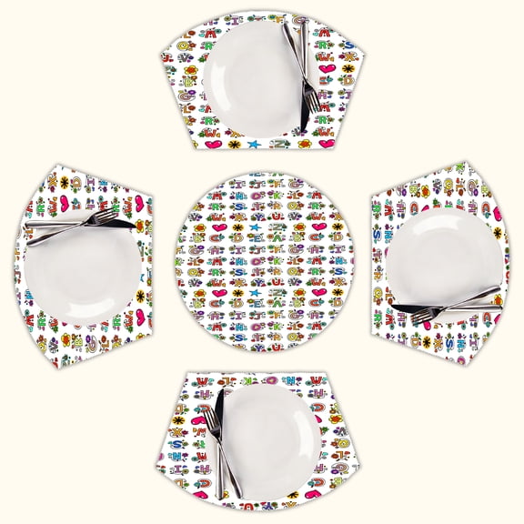 Whole Alphabet abc monogram hand drawn colorful Round Table Placemats Set Of 5 Wedge Table Mats Washable Heat Resistant Place Mat For Dining Table Kitchen Farmhouse Restaurant