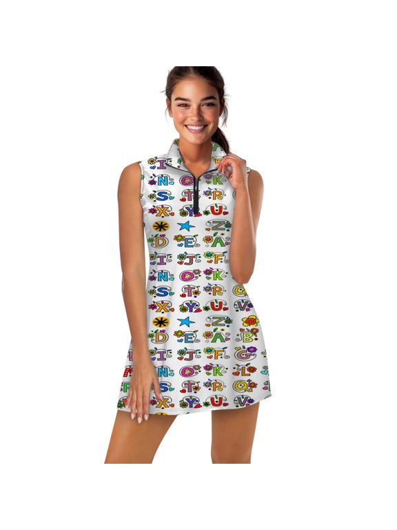 Whole Alphabet abc monogram hand drawn colorful Sports Dresses Women Tennis Dress with Separate Shorts One-Piece Slim Fit Golf Dress