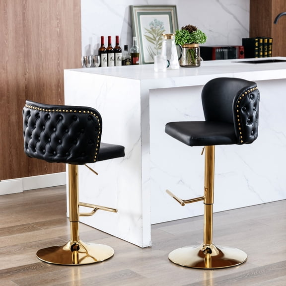 Whole Back Tufting / In Kitchen Settings / Comfortable Black PU Stools (Set of 2