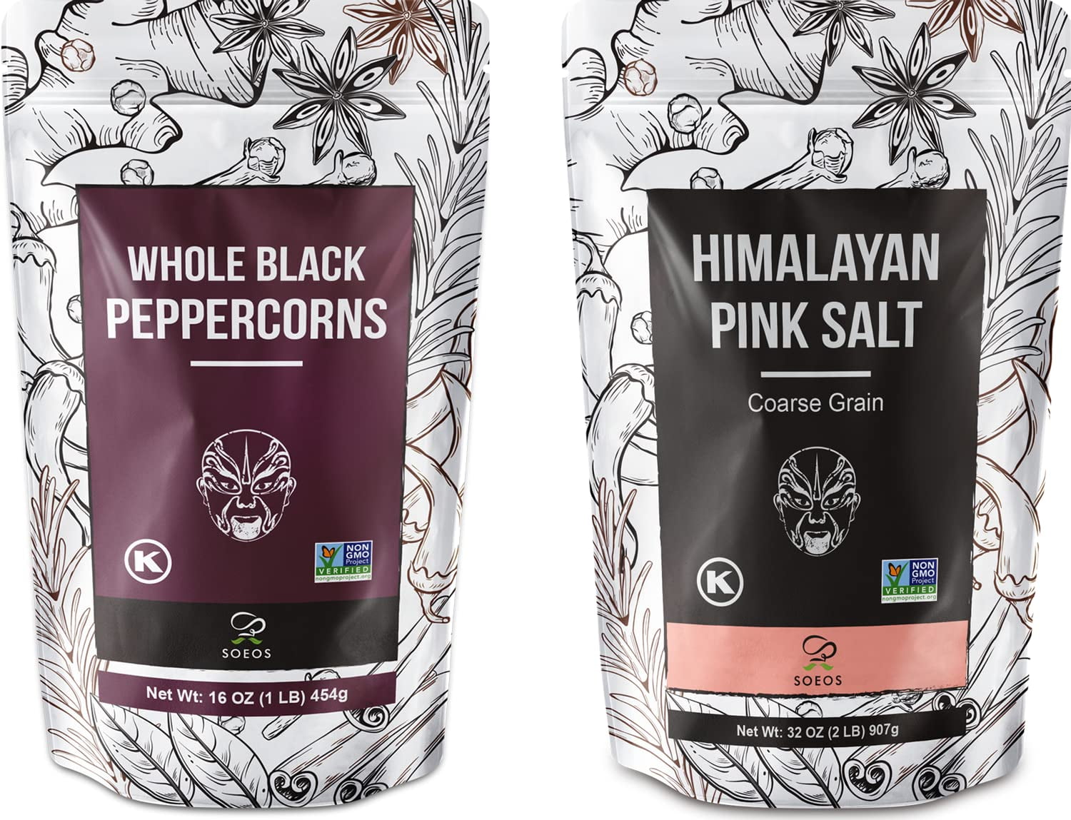 Whole Black Peppercorns 190g and Himalayan Pink Salt 380g – Soeos