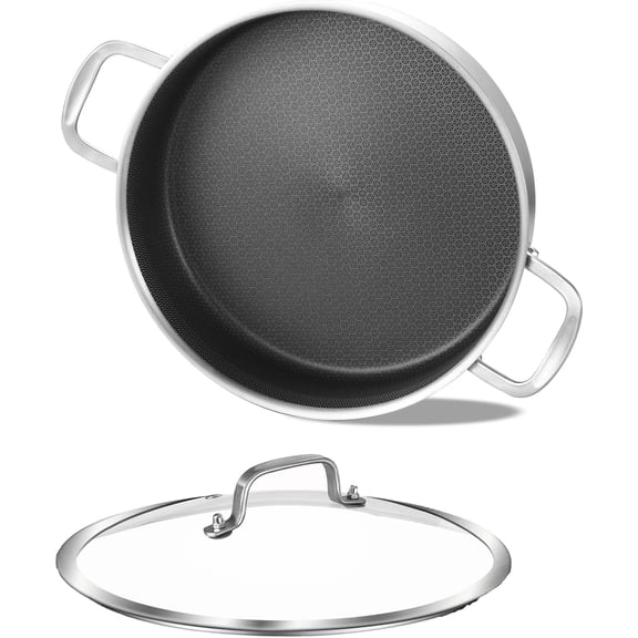 Whole Body Hybird Tri-Ply Stainless Steel Saute Pan 3 QT Deep Frying Pan, Induction Compatible Chef Cooking Pan, Sauté Pan with lid, Dishwasher & Oven Safe